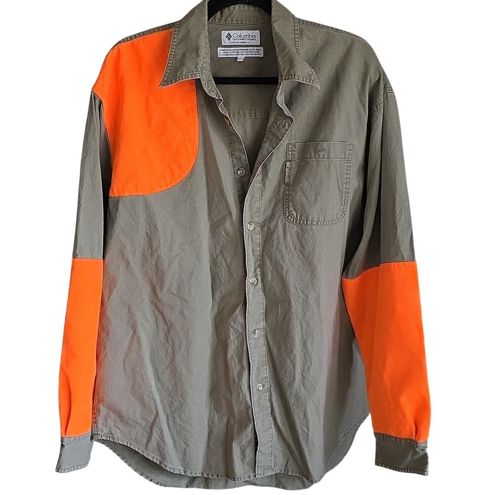 Columbia Sportswear Khaki Green Hunting Shirt Blaze Orange Accents Mens Size L